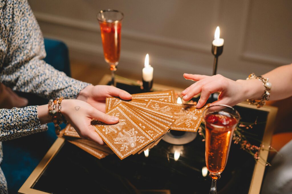 A soothing evening with tarot cards and champagne, creating a mystical and luxurious atmosphere.